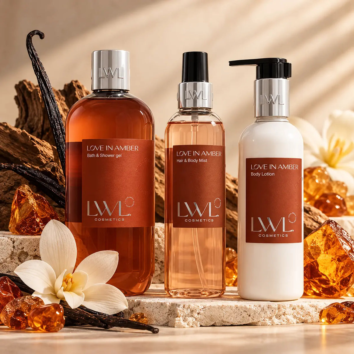 Love in Amber - Set Regalo con Profumo Capelli, Crema Corpo e Bagno Doccia